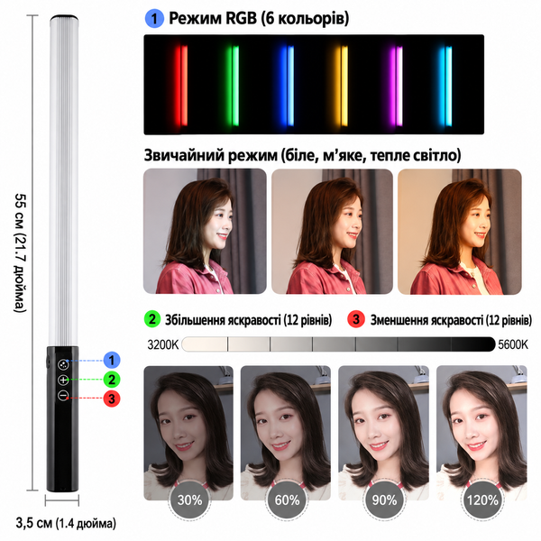 Светодиодный аккумуляторный RGB видеоосветитель Puluz PU460B 55 см с пультом дистанционного управления LS-029 фото